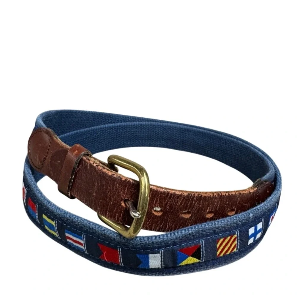Vintage Nautical Signal Flag Canvas Leather Belt Navy Blue Brass Buckle Size 46